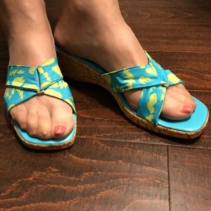Blue and green wedge sandals